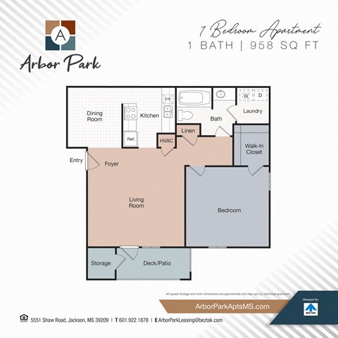 Floor plan for 1 bed, 1 bath, 958 sqft